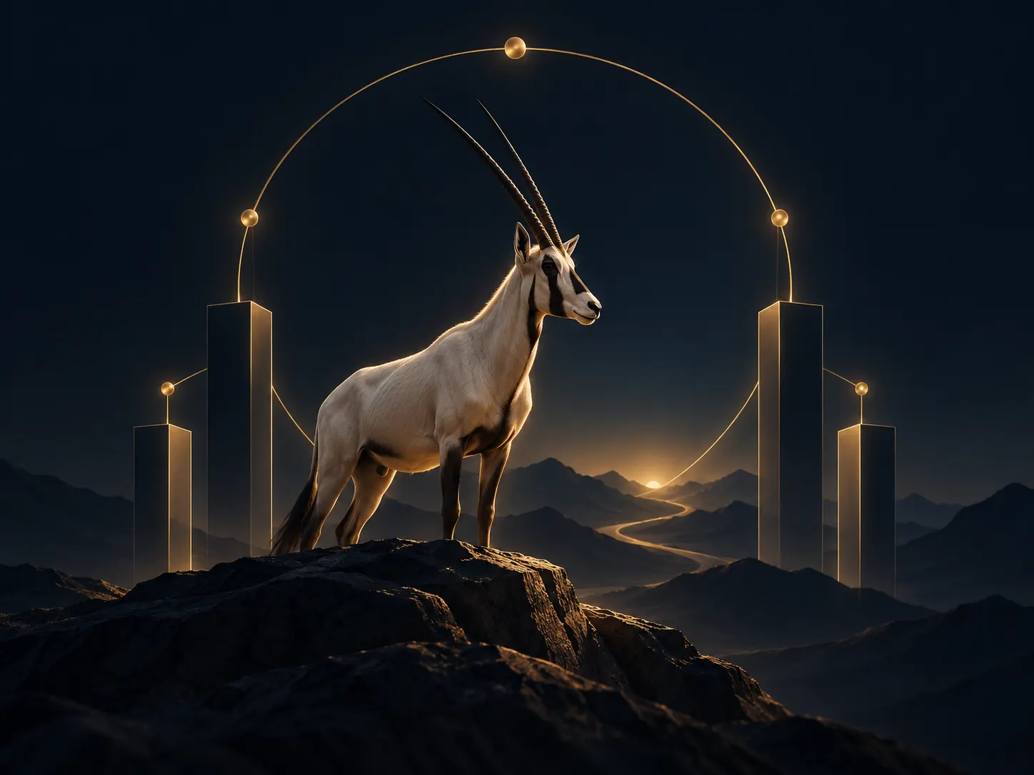 An Arabian oryx framed by a connected golden arc between towers
