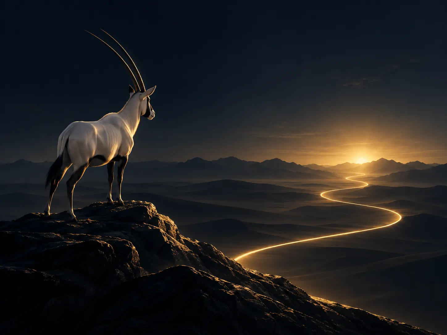 An Arabian oryx on a ridge above a golden path toward the horizon