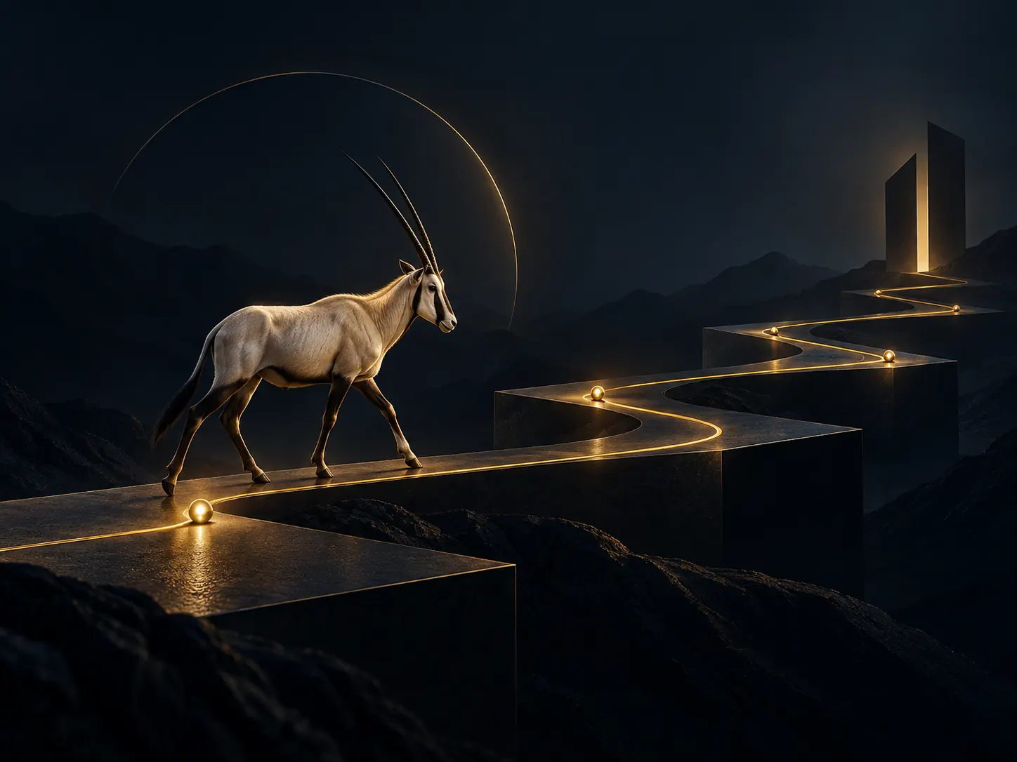 An Arabian oryx moving along an illuminated, structured path