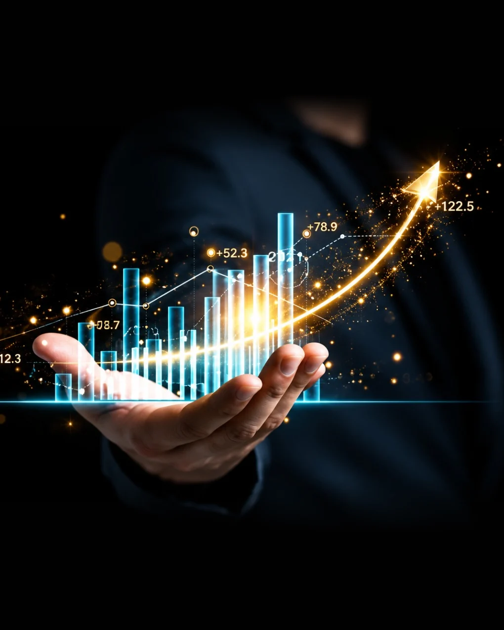 An open hand holding a glowing bar chart with a gold arrow rising upward