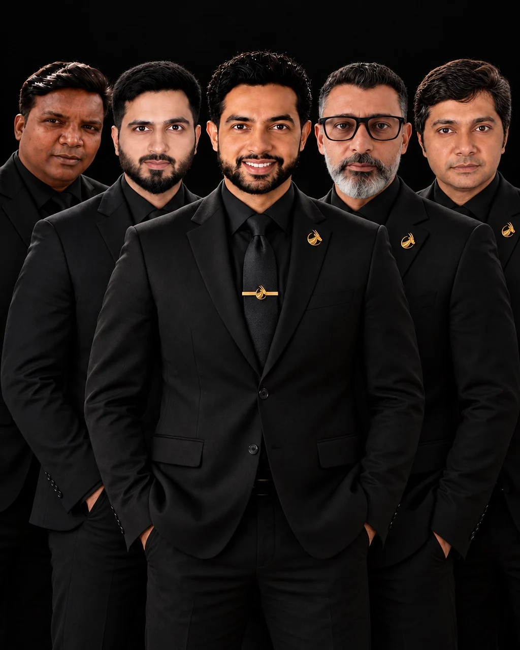 The Oryx Signature leadership team in black suits with gold Oryx pins