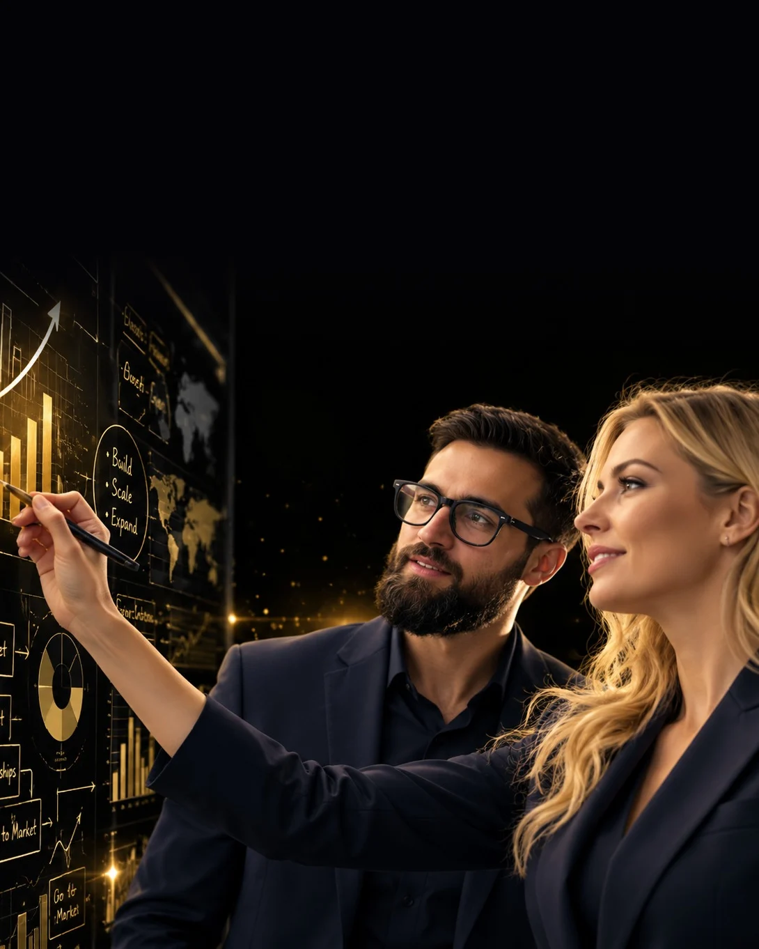 Two consultants mapping strategy, growth and market steps on a gold-lit planning wall