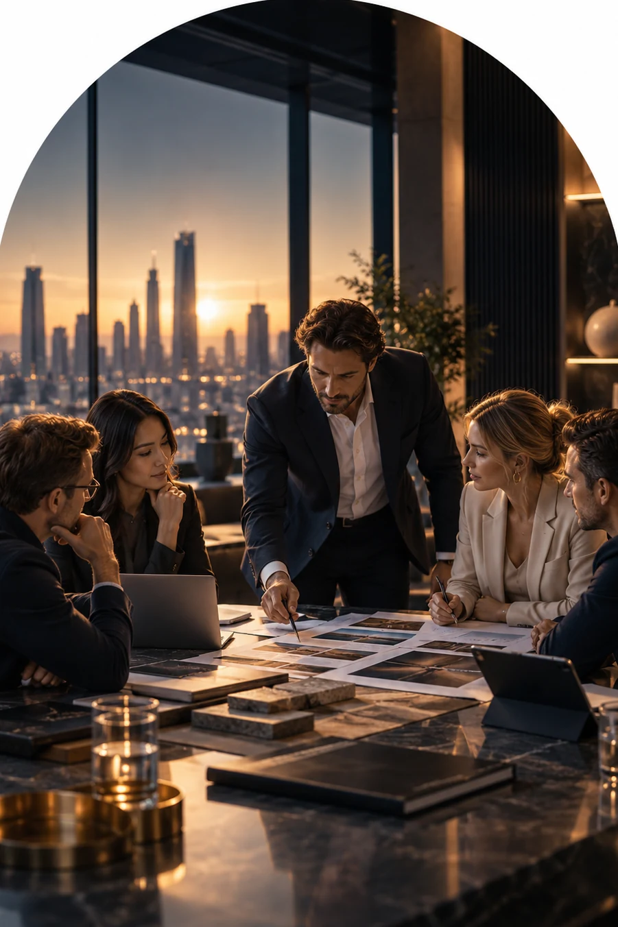 A team reviewing plans around a table, with the city skyline at sunset behind them